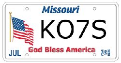 Missouri License Plate:  KO7S